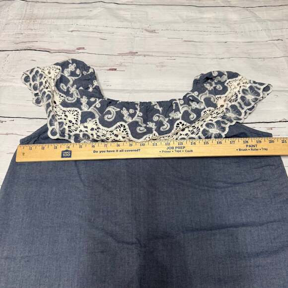 Kaktus Chambray Denim Eyelet Lace Ruffled Off The Shoulder Dress - Picture 6 of 7